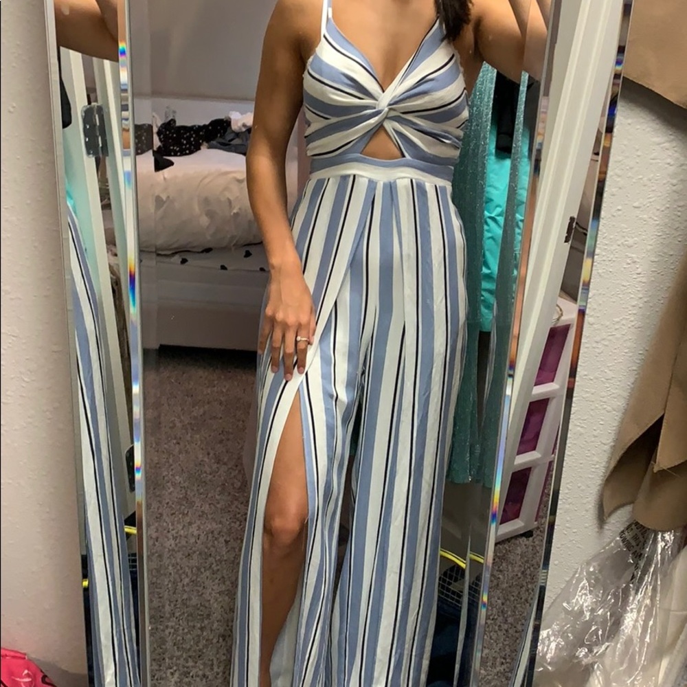 Striped wide leg jumpsuit with slit